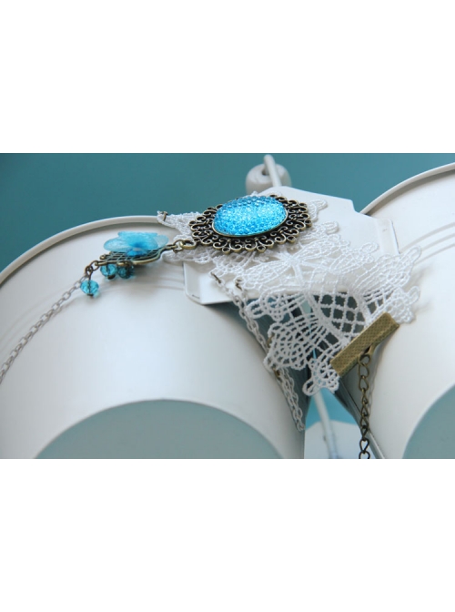 Baroque Bride Wedding Blue Gemstone Flower White Lace Christmas Holiday Bracelet With Ring One Chain