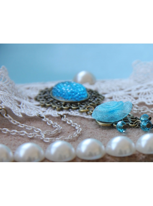 Baroque Bride Wedding Blue Gemstone Flower White Lace Christmas Holiday Bracelet With Ring One Chain