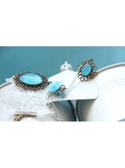 Baroque Bride Wedding Blue Gemstone Flower White Lace Christmas Holiday Bracelet With Ring One Chain