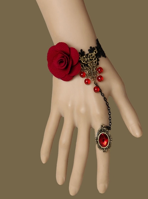 Fashion Gothic Black Lace Red Rose Gemstone Retro Bracelet Ring Set