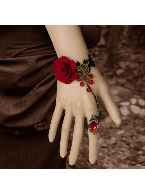 Fashion Gothic Black Lace Red Rose Gemstone Retro Bracelet Ring Set