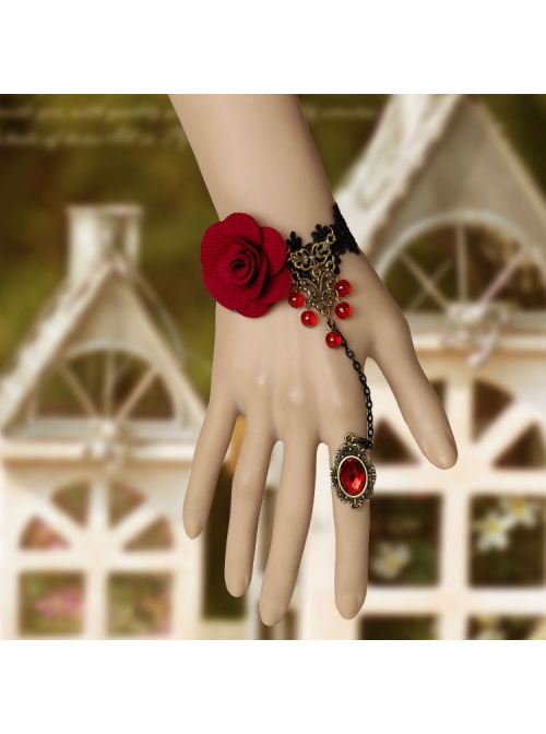 Fashion Gothic Black Lace Red Rose Gemstone Retro Bracelet Ring Set