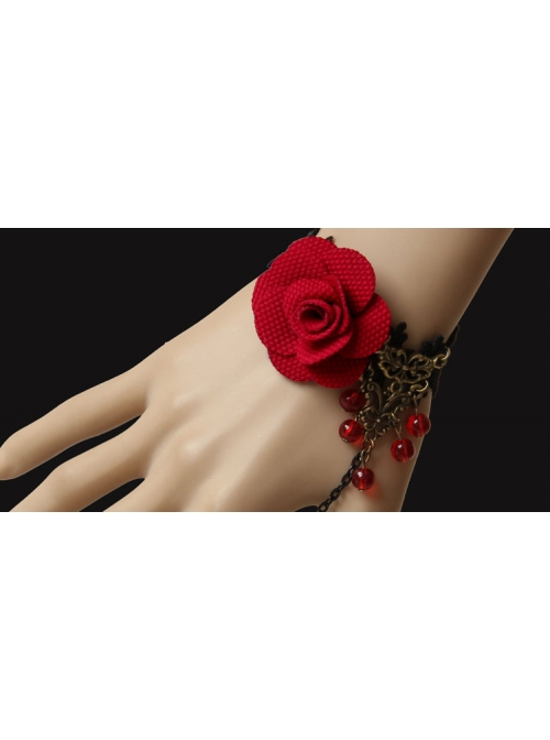 Fashion Gothic Black Lace Red Rose Gemstone Retro Bracelet Ring Set