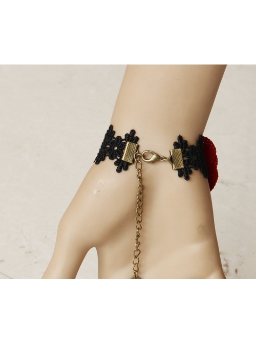 Fashion Gothic Black Lace Red Rose Gemstone Retro Bracelet Ring Set