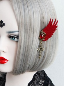 Gothic Wine Red Wings Gems Retro Cross Felt Cloth Without Pierced Ear Clips
