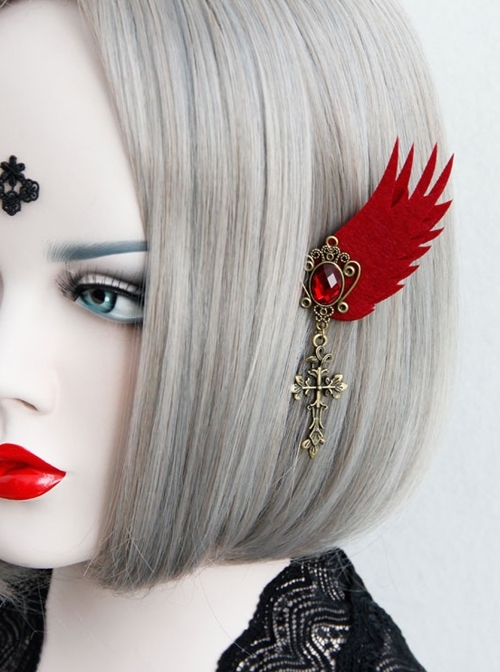 Gothic Wine Red Wings Gems Retro Cross Felt Cloth Without Pierced Ear Clips