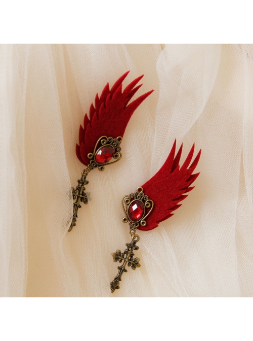 Gothic Wine Red Wings Gems Retro Cross Felt Cloth Without Pierced Ear Clips