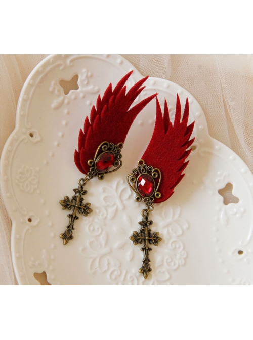 Gothic Wine Red Wings Gems Retro Cross Felt Cloth Without Pierced Ear Clips