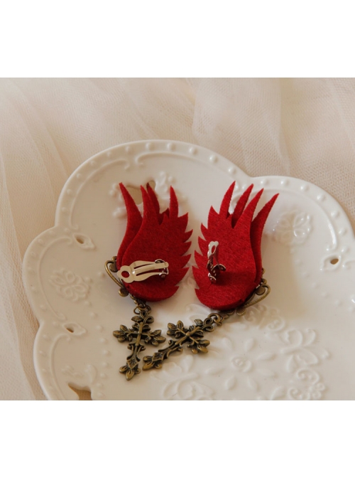 Gothic Wine Red Wings Gems Retro Cross Felt Cloth Without Pierced Ear Clips