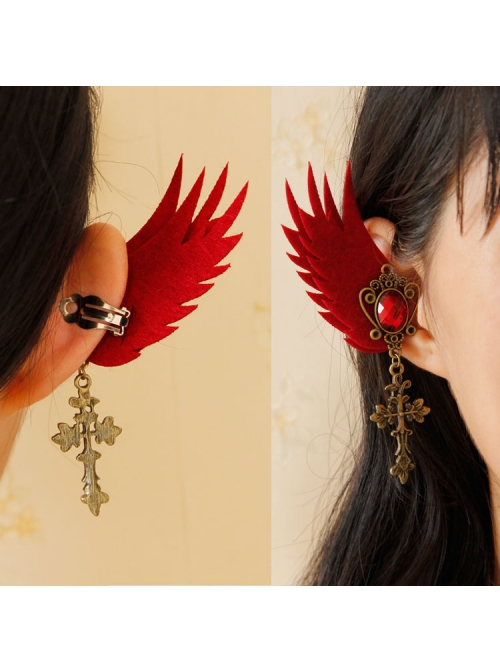 Gothic Wine Red Wings Gems Retro Cross Felt Cloth Without Pierced Ear Clips