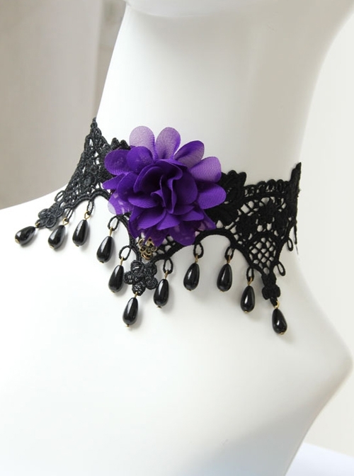 Gothic Retro Purple Flower Black Lace Pearl Female Exaggerated Palace Choker