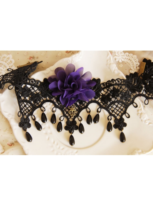Gothic Retro Purple Flower Black Lace Pearl Female Exaggerated Palace Choker