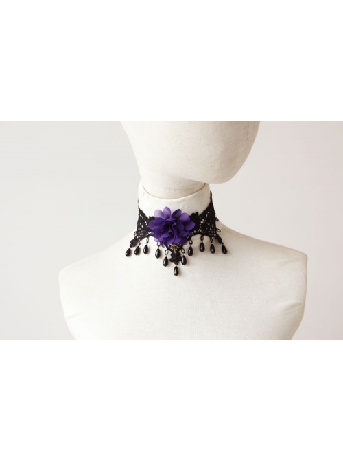 Gothic Retro Purple Flower Black Lace Pearl Female Exaggerated Palace Choker