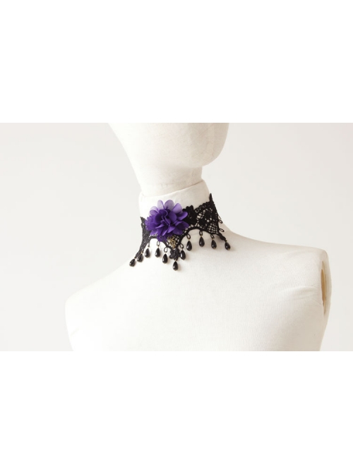 Gothic Retro Purple Flower Black Lace Pearl Female Exaggerated Palace Choker
