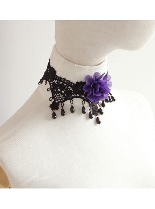 Gothic Retro Purple Flower Black Lace Pearl Female Exaggerated Palace Choker