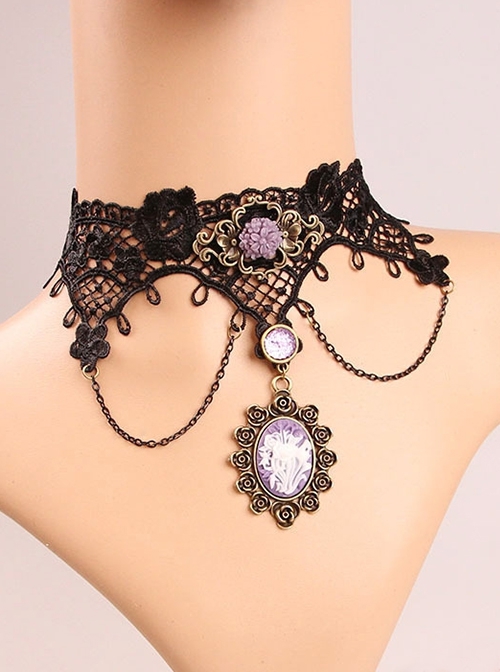 Gothic Purple Rose Flower Cute Black Lace Retro Multi-Level Female Short Necklace