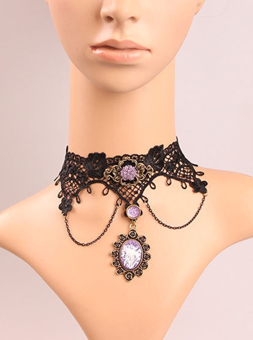 Gothic Purple Rose Flower Cute Black Lace Retro Multi-Level Female Short Necklace