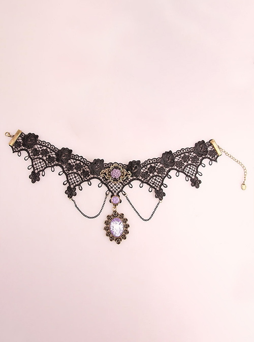 Gothic Purple Rose Flower Cute Black Lace Retro Multi-Level Female Short Necklace