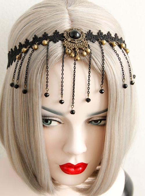 Luxury Gothic Vintage Black Lace Tassel Crystal Exaggerated Headband