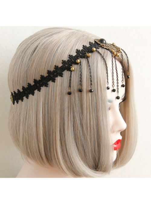 Luxury Gothic Vintage Black Lace Tassel Crystal Exaggerated Headband