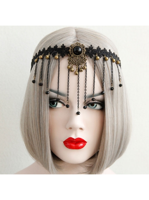 Luxury Gothic Vintage Black Lace Tassel Crystal Exaggerated Headband