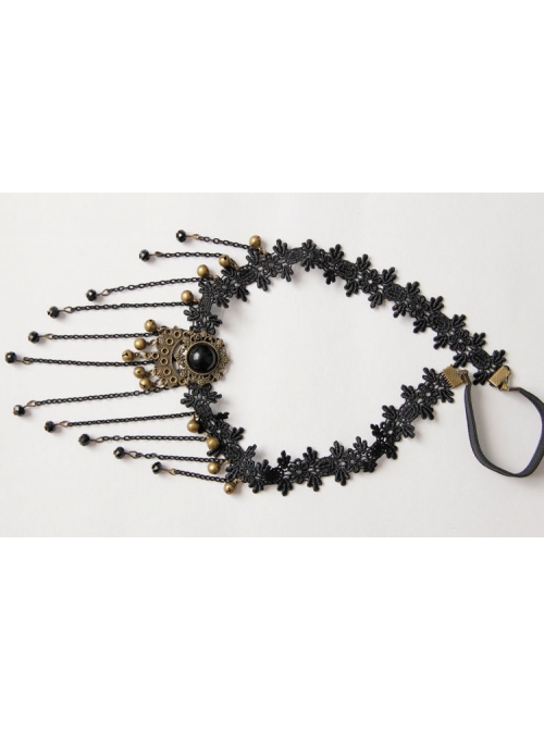 Luxury Gothic Vintage Black Lace Tassel Crystal Exaggerated Headband