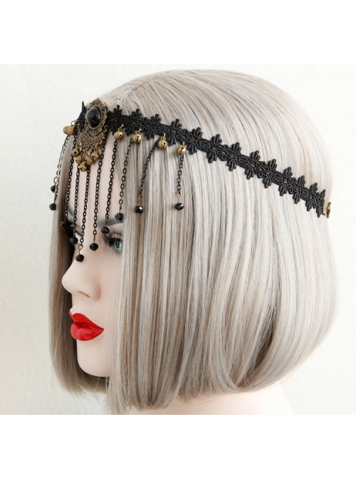 Luxury Gothic Vintage Black Lace Tassel Crystal Exaggerated Headband