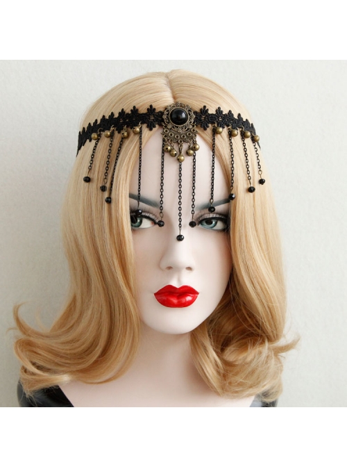 Luxury Gothic Vintage Black Lace Tassel Crystal Exaggerated Headband