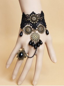 Retro Black Lace Pearl Gems Palace Prom Female Personality Gothic Bracelet With Ring One Chain