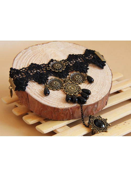 Retro Black Lace Pearl Gems Palace Prom Female Personality Gothic Bracelet With Ring One Chain
