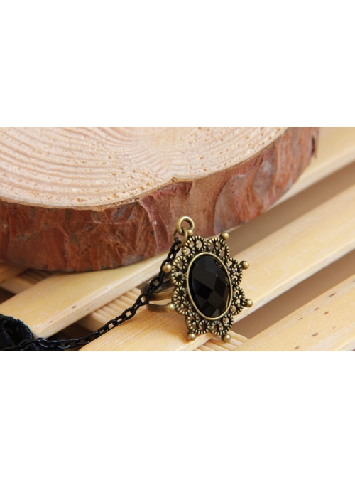 Retro Black Lace Pearl Gems Palace Prom Female Personality Gothic Bracelet With Ring One Chain