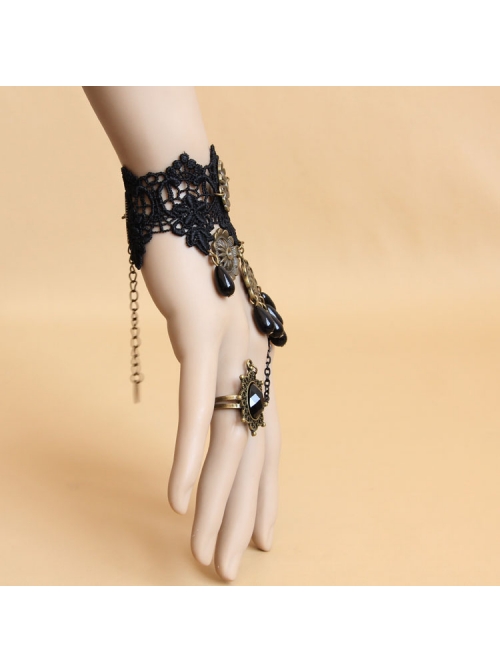 Retro Black Lace Pearl Gems Palace Prom Female Personality Gothic Bracelet With Ring One Chain