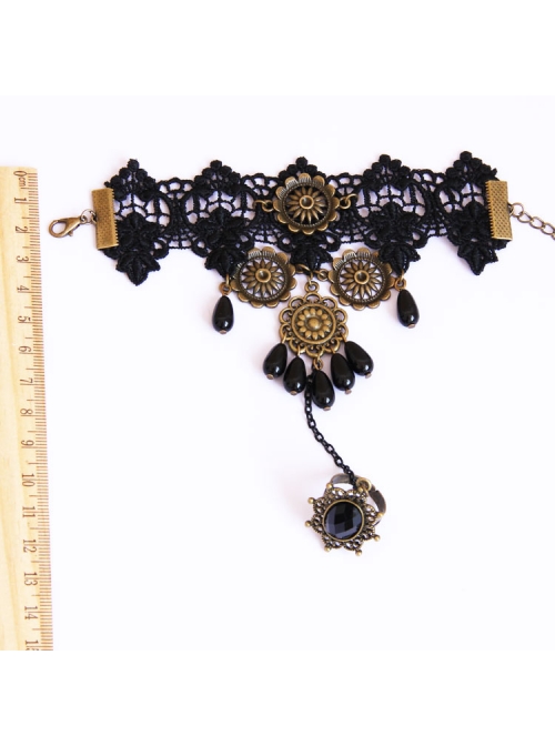 Retro Black Lace Pearl Gems Palace Prom Female Personality Gothic Bracelet With Ring One Chain