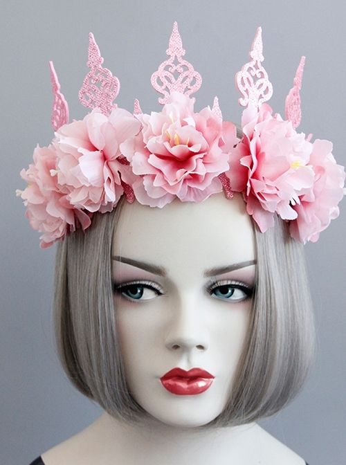 Fashion Pink Flowers Crown Wreath Holiday Bride Gown Christmas Hairband