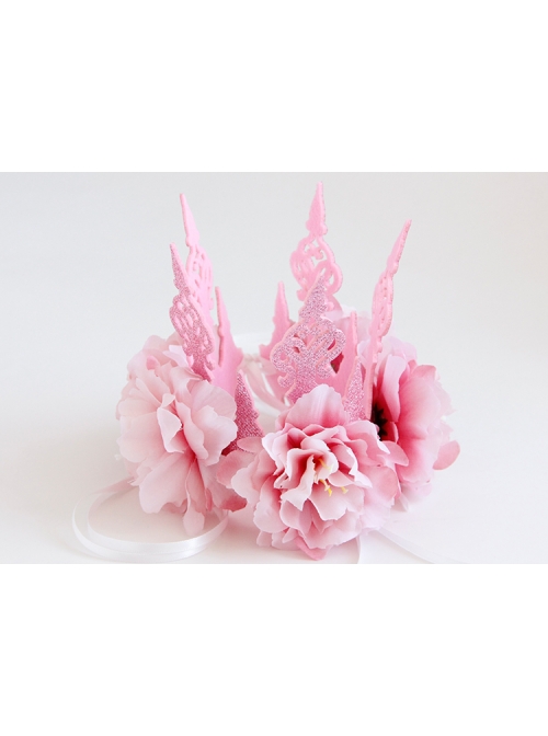 Fashion Pink Flowers Crown Wreath Holiday Bride Gown Christmas Hairband