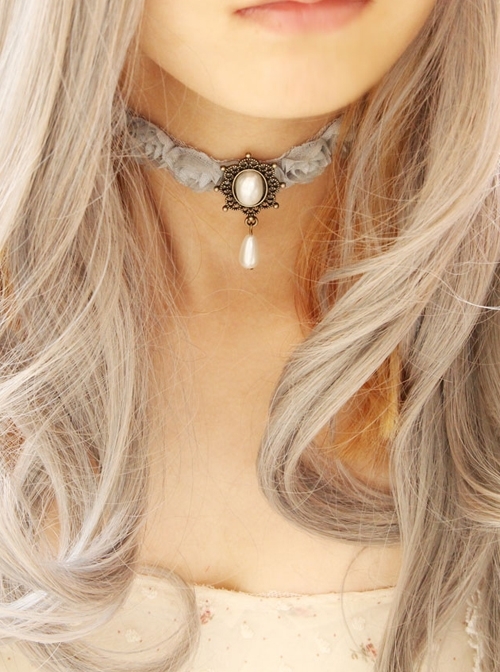Vintage Baroque Fashion Palace Bride White Pearl Lace Female Water Drop Choker