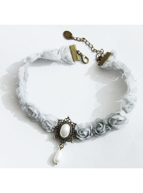 Vintage Baroque Fashion Palace Bride White Pearl Lace Female Water Drop Choker