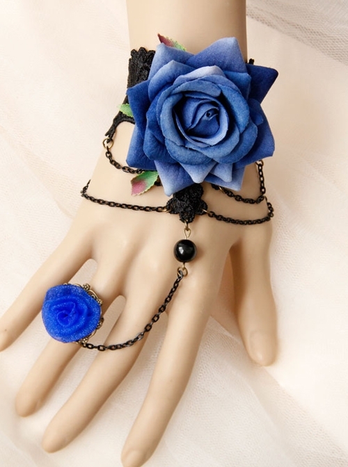 Gothic Halloween Prom Blue Roses Hollow Black Lace Band Ring Bracelet