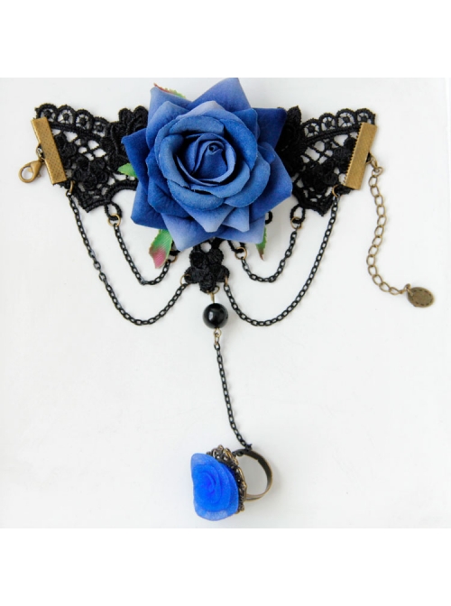 Gothic Halloween Prom Blue Roses Hollow Black Lace Band Ring Bracelet