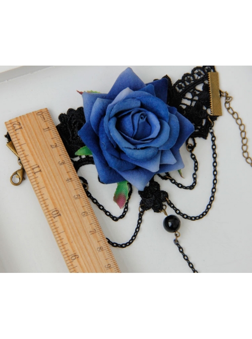 Gothic Halloween Prom Blue Roses Hollow Black Lace Band Ring Bracelet