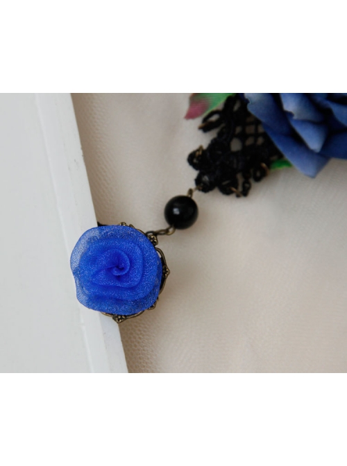 Gothic Halloween Prom Blue Roses Hollow Black Lace Band Ring Bracelet