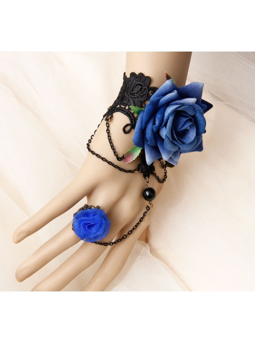 Gothic Halloween Prom Blue Roses Hollow Black Lace Band Ring Bracelet