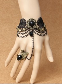 Gothic Retro Black Lace Butterfly Crystal Love Heart Bracelet With Ring One Chain