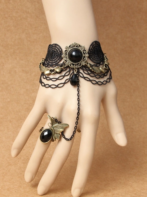 Gothic Retro Black Lace Butterfly Crystal Love Heart Bracelet With Ring One Chain