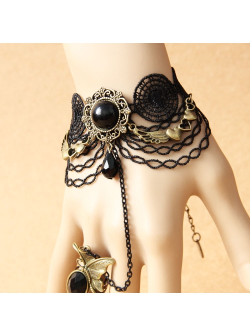 Gothic Retro Black Lace Butterfly Crystal Love Heart Bracelet With Ring One Chain