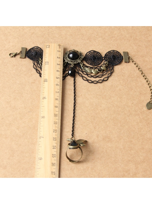 Gothic Retro Black Lace Butterfly Crystal Love Heart Bracelet With Ring One Chain