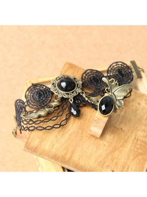 Gothic Retro Black Lace Butterfly Crystal Love Heart Bracelet With Ring One Chain