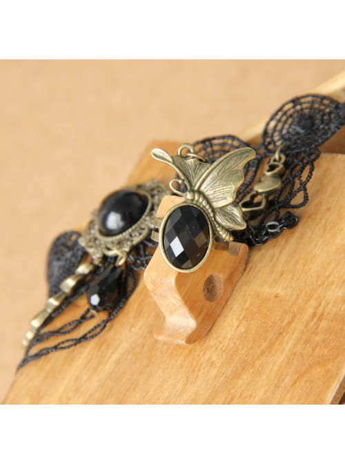 Gothic Retro Black Lace Butterfly Crystal Love Heart Bracelet With Ring One Chain