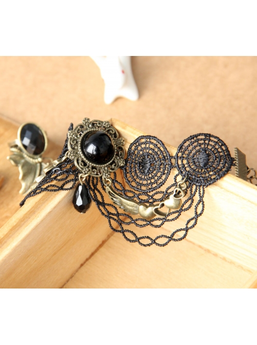 Gothic Retro Black Lace Butterfly Crystal Love Heart Bracelet With Ring One Chain