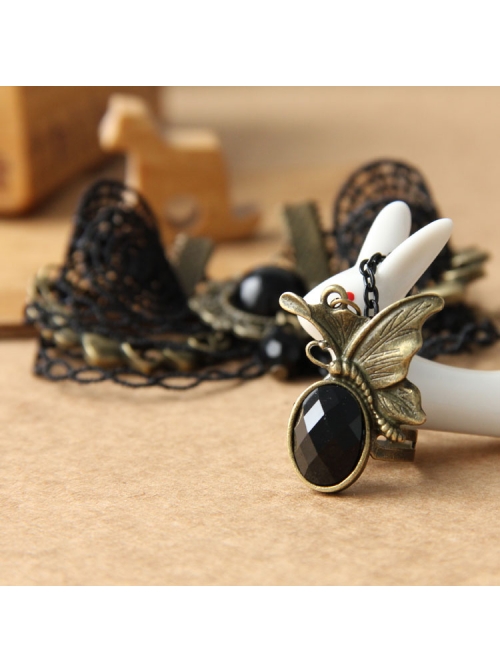 Gothic Retro Black Lace Butterfly Crystal Love Heart Bracelet With Ring One Chain